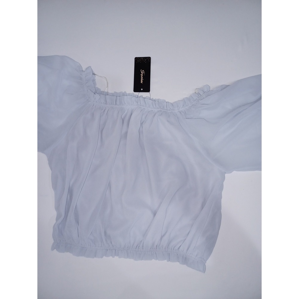 Shinestar Off Shoulder Blouse Womens Large Light Blue Long Bell Sleeve Boho Top - Picture 8 of 8